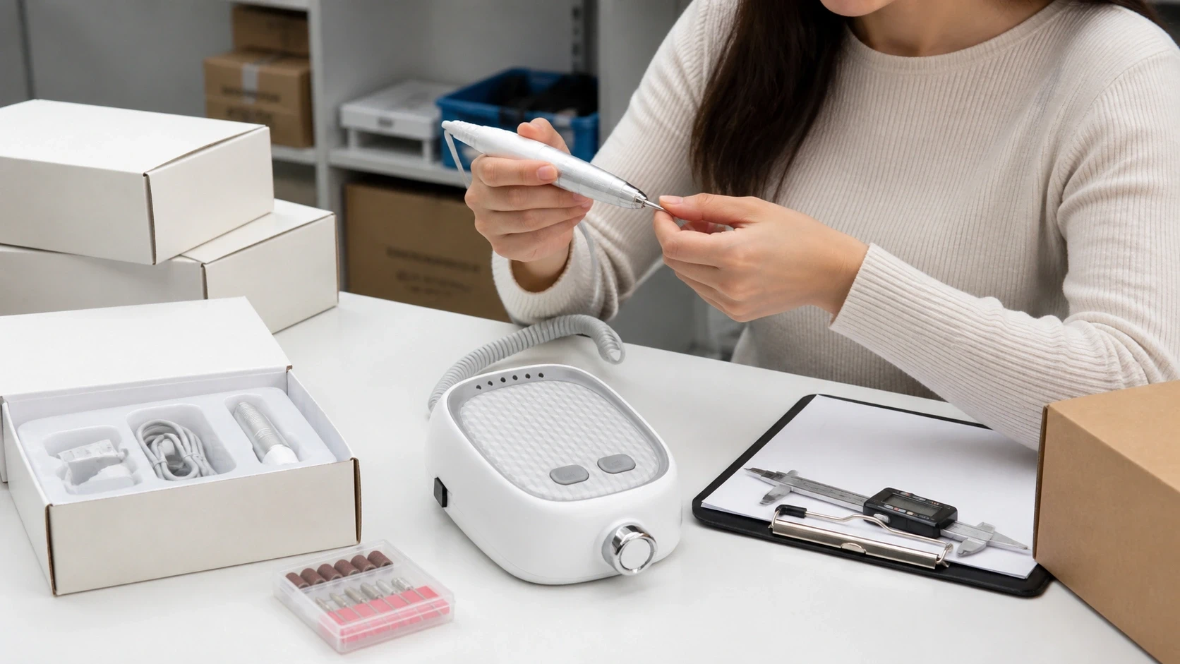 Private-label buyer inspecting a JMD-417 professional nail drill sample