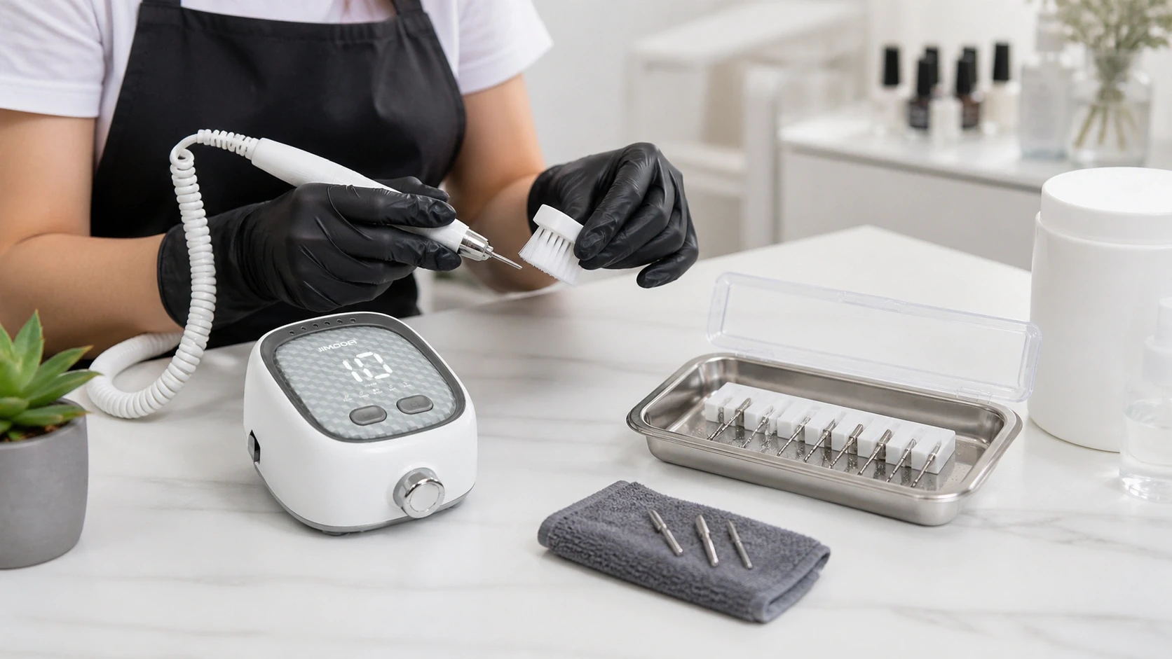 Nail technician cleaning nail drill bits after a service with the Jimdoa JMD-417 professional nail drill