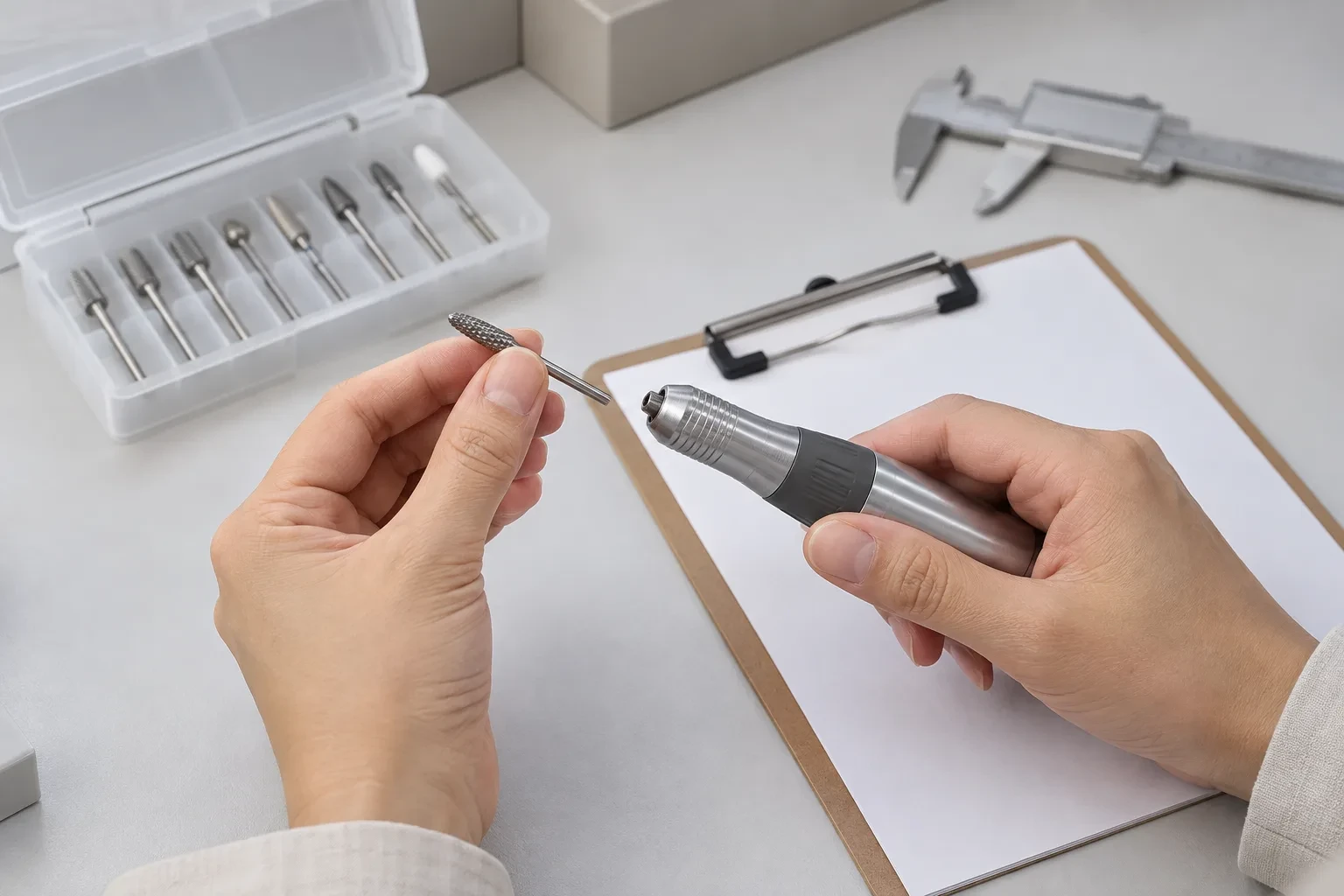 Buyer checking a nail drill bit and handpiece during sample evaluation