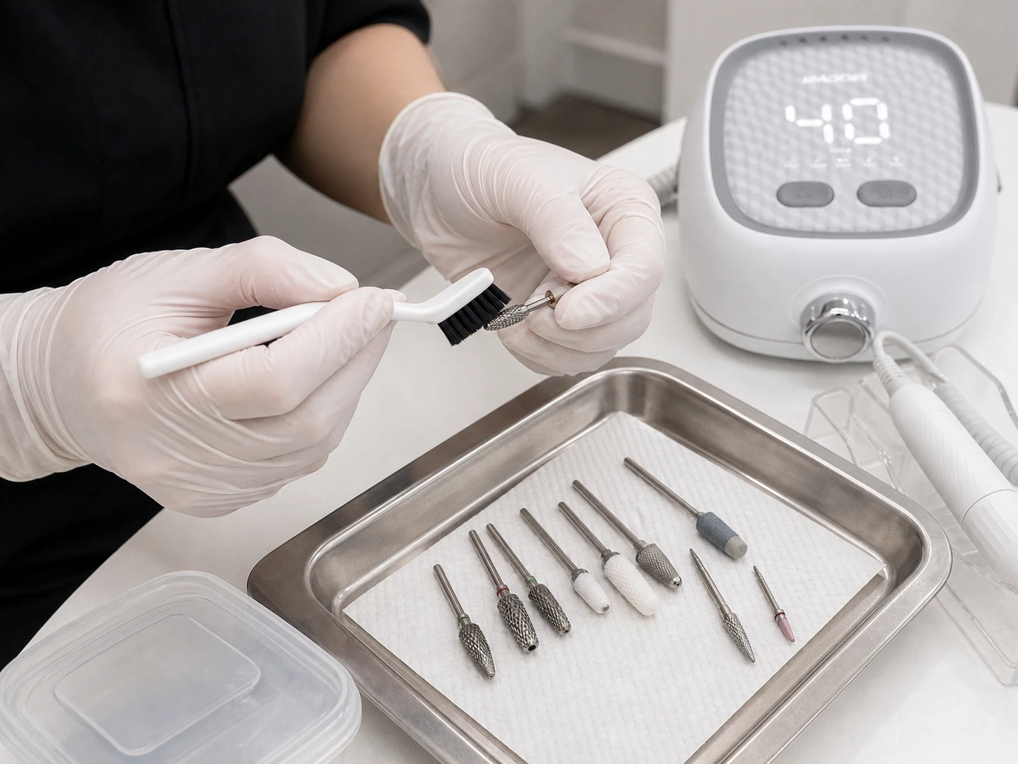 Gloved nail technician brushing reusable nail drill bits beside a Jimdoa JMD-417 nail drill