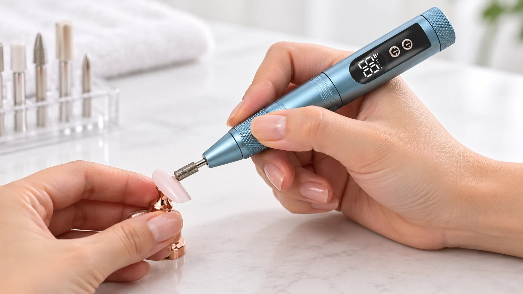 Close-up of a relaxed pen grip and supported hands practising with a blue nail drill over a secured nail tip